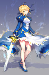 Rule 34 | 1girl, artoria pendragon (all), artoria pendragon (fate), bad id, bad pixiv id, blonde hair, blue dress, blue footwear, blush, braid, breasts, cleavage, closed mouth, commentary request, dress, excalibur (fate/stay night), fate/stay night, fate (series), green eyes, hair between eyes, hair bun, head tilt, high heels, holding, holding sword, holding weapon, juliet sleeves, legs, long sleeves, looking at viewer, puffy sleeves, saber (fate), short hair, sidelocks, single hair bun, small breasts, solo, standing, suishougensou, sword, thighs, v-shaped eyebrows, weapon