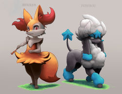 Rule 34 | animal ear fluff, animal nose, black eyes, braixen, brown eyes, character name, commentary request, creature, creatures (company), dog, full body, furfrou, furfrou (star), furfrou star trim, furry, game freak, gen 6 pokemon, grass, grey background, holding, holding stick, lyc, nintendo, pokemon, pokemon (creature), simple background, snout, standing, stick