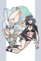 Rule 34 | 2girls, alternate costume, alternate hairstyle, amulet, batoson54, bikini, bikini top only, black bikini, black vs white, blue eyes, breasts, byleth (female) (fire emblem), byleth (female) (summer) (fire emblem), byleth (fire emblem), cape, cleavage, dagger, feet, female focus, fire emblem, fire emblem: three houses, fire emblem heroes, flower, green eyes, green hair, hair flower, hair ornament, hand in own hair, hand on own chest, hand up, head wreath, highres, knife, large breasts, legs together, looking at viewer, matching hair/eyes, multiple girls, navel, nintendo, official alternate costume, pale skin, rhea (fire emblem), sandals, smile, swimsuit, thighs, toes, upside-down, weapon, white background