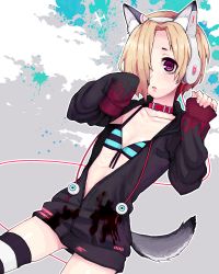 Rule 34 | 10s, 1girl, animal ears, bags under eyes, beats by dr. dre, bikini, bikini top only, blonde hair, blush, cable, collar, dog ears, dog tail, eyeball, hair over one eye, headphones, heart, heart-shaped pupils, hood, hoodie, idolmaster, idolmaster cinderella girls, kemonomimi mode, looking at viewer, nora bo, open clothes, open hoodie, open mouth, oversized clothes, red eyes, shirasaka koume, short hair, simple background, sleeves past wrists, solo, striped clothes, striped thighhighs, swimsuit, symbol-shaped pupils, tail, thighhighs