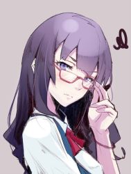 Rule 34 | 1girl, adjusting eyewear, bad id, bad pixiv id, blue vest, blunt bangs, bracelet, closed mouth, collared shirt, from side, highres, jewelry, long hair, looking at viewer, looking to the side, original, pokimari, purple background, purple eyes, purple hair, red-framed eyewear, semi-rimless eyewear, shirt, simple background, solo, squiggle, under-rim eyewear, upper body, vest, white shirt, wing collar