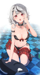 Rule 34 | 1girl, :o, absurdres, arm strap, bare shoulders, bikini, black bikini, black collar, black hair, braid, breasts, checkered floor, clothes pull, collar, collarbone, full body, glint, grey hair, hair ornament, hand up, heart pendant, highres, hololive, kneeling, lens flare, looking at viewer, md5 mismatch, medium breasts, medium hair, multicolored hair, open hand, open mouth, plaid, plaid skirt, red eyes, red skirt, resolution mismatch, revision, sakamata chloe, side-tie bikini bottom, skirt, skirt pull, soaking feet, solo, source larger, strap slip, streaked hair, stuffed orca, swimsuit, teeth, three twosix, tongue, upper teeth only, virtual youtuber, water, wet, x hair ornament