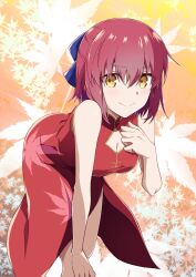 Rule 34 | 1girl, azami masurao, bow, breasts, china dress, chinese clothes, commentary request, dress, hair bow, hand on own knee, highres, kohaku (tsukihime), leaning forward, looking at viewer, medium breasts, melty blood, melty blood: type lumina, mr. chin, official alternate costume, red dress, red hair, ribbon, short hair, smile, solo, tsukihime