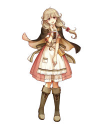 Rule 34 | 1girl, apron, blonde hair, blush, boots, bow, braid, brown eyes, capelet, faye (fire emblem), fire emblem, fire emblem echoes: shadows of valentia, fire emblem heroes, full body, highres, konfuzikokon, long hair, low-braided long hair, low-tied long hair, nintendo, official art, open mouth, simple background, solo, twin braids, white background