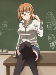 Rule 34 | 10s, 1girl, bespectacled, blue eyes, brave witches, camera, chalkboard, classroom, cross-section, drawing, garter straps, glasses, gundula rall, crossed legs, looking at viewer, orange hair, ovaries, school, short hair, sitting, ski mask, smile, solo, strike witches, teacher, thighhighs, underwear, uno ichi, uterus, world witches series