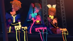 Rule 34 | 1boy, 2girls, blonde hair, blue bow, blue eyes, blue hair, bow, closed eyes, detached sleeves, dress, flipped hair, glowing, glowing clothes, grin, hair bow, hand on own chest, hatsune miku, headset, kagamine len, kagamine rin, long hair, magical mirai (vocaloid), magical mirai len, magical mirai len (2018), magical mirai miku, magical mirai miku (2018), magical mirai rin, magical mirai rin (2018), multiple girls, nunosei, one eye closed, open mouth, orange bow, parted bangs, pink bow, short ponytail, sitting, smile, teeth, twintails, upper teeth only, very long hair, vocaloid, white bow, yellow bow
