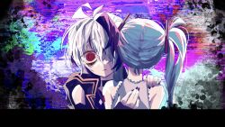Rule 34 | 2girls, abstract background, ahoge, alternate eye color, androgynous, bags under eyes, black choker, black jacket, blue hair, choker, closed mouth, commentary request, elbow gloves, facing away, fingerless gloves, flower (vocaloid), flower (vocaloid4), glitch, gloves, gold trim, hair ornament, hair over one eye, hand on another&#039;s back, hand on another&#039;s shoulder, hatsune miku, head tilt, hood, hood down, hooded jacket, hug, jacket, light frown, long hair, looking at viewer, multicolored background, multicolored hair, multiple girls, nape, one eye covered, open clothes, open jacket, purple hair, purple nails, purple shirt, raised eyebrows, red eyes, ringed eyes, shirt, short hair, shoulder tattoo, sleeveless, sleeveless jacket, straight-on, streaked hair, tattoo, twintails, upper body, vocaloid, white hair, wide-eyed, zer0h