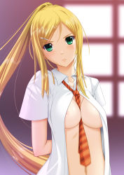 Rule 34 | 1girl, arms behind back, bad id, bad pixiv id, between breasts, blonde hair, blush, breasts, character request, chiro, fang, frown, green eyes, hair ornament, hairclip, jewelry, long hair, looking at viewer, navel, necklace, necktie, no bra, open clothes, original, ponytail, solo, source request, upper body