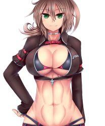 Rule 34 | 1girl, abs, arm at side, bikini, bikini top only, borrowed character, breast pocket, breasts, brown hair, center opening, choker, closed mouth, covered erect nipples, crop top, daddy pomgi, green eyes, groin, hair between eyes, hand on own hip, highres, huge breasts, layered sleeves, long sleeves, looking at viewer, lowleg, medium hair, navel, original, pocket, short over long sleeves, short sleeves, simple background, sleeves past wrists, smile, solo, stomach, swimsuit, toned, unzipped, upper body, white background, zipper, zipper pull tab
