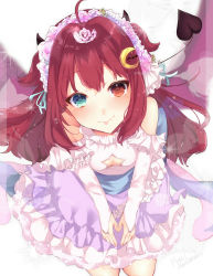 Rule 34 | 1girl, ahoge, bare shoulders, blue eyes, breasts, cleavage cutout, closed mouth, clothing cutout, crescent, crescent hair ornament, demon girl, demon horns, demon tail, demon wings, flower, frilled skirt, frills, hair flower, hair ornament, heterochromia, highres, hiko (zem n), horns, long hair, looking at viewer, looking up, nijisanji, purple skirt, red eyes, red hair, red wings, rose, shirt, shoulder cutout, skirt, small breasts, smile, solo, star cutout, tail, tiara, two side up, very long hair, virtual youtuber, white flower, white rose, white shirt, wings, yuzuki roa