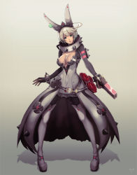 Rule 34 | 1girl, alternate color, alternate costume, bad id, bad tumblr id, boots, bow, breasts, cleavage, collar, dark persona, dress, elphelt valentine, flower, full body, gloves, gradient background, guilty gear, guilty gear xrd, gun, hair bow, handgun, large breasts, looking at viewer, mynare, parted lips, pistol, rose, short hair, silver hair, solo, spiked collar, spikes, spoilers, thigh boots, thighhighs, weapon
