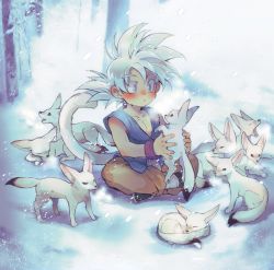 Rule 34 | 1boy, 6+others, animal, child, commentary, dragon ball, dragon ball gt, fox, hano (hanos91), holding, holding animal, looking at another, male focus, multiple others, muscular, muscular child, on floor, outdoors, snow, snowflakes, snowing, solo, son goku, spiked hair, symbol-only commentary, white hair, white tail, winter