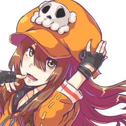 Rule 34 | 1girl, anchor, brown hair, collarbone, finger to own chin, fingerless gloves, gloves, guilty gear, guilty gear strive, hair over eyes, hand on headwear, hand up, jacket, large hat, long hair, looking at viewer, may (guilty gear), open mouth, orange headwear, orange jacket, skull and crossbones, smile, solo, tomoe no kaminari, upper body, yellow eyes