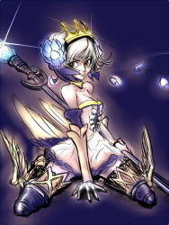 Rule 34 | 1girl, armor, armored dress, bare shoulders, breasts, brown eyes, choker, cleavage, crown, drawfag, dress, elbow gloves, flower, gauntlets, gloves, gwendolyn (odin sphere), hair flower, hair ornament, kneeling, odin sphere, petals, polearm, short hair, small breasts, spear, strapless, strapless dress, weapon, white hair, wings