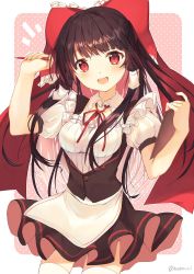 Rule 34 | 1girl, :d, alternate costume, apron, black hair, bow, breasts, clipboard, collar, commentary, detached collar, frills, hair tubes, hakurei reimu, highres, holding, holding clipboard, holding pen, long hair, looking at viewer, medium breasts, nenobi (nenorium), open mouth, pen, puffy short sleeves, puffy sleeves, red bow, red eyes, short sleeves, simple background, skirt, smile, solo, thighhighs, touhou, twitter username, vest, waist apron, waitress, white thighhighs