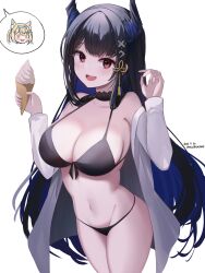 Rule 34 | 2girls, absurdres, artist name, asymmetrical horns, bikini, black bikini, black hair, blue hair, breasts, cleavage, colored inner hair, commentary, cowboy shot, dated, demon horns, english commentary, food, fuwawa abyssgard, hair ornament, hair over shoulder, hands up, highres, holding, holding food, holding ice cream, hololive, hololive english, horns, ice cream, large breasts, long hair, long sleeves, looking at viewer, mole, mole under eye, multicolored hair, multiple girls, navel, nerissa ravencroft, off shoulder, open clothes, open mouth, open shirt, red eyes, shirt, simple background, smile, solo focus, spoken character, standing, swimsuit, tassel, tassel hair ornament, vanillafox2035, virtual youtuber, white background, white shirt