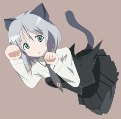 Rule 34 | 1girl, animal, animal ears, artist request, cat ears, cat tail, green eyes, kneeling, military, military uniform, necktie, pantyhose, paw pose, plaid, plaid skirt, sanya v. litvyak, silver hair, simple background, skirt, strike witches, tail, uniform, world witches series