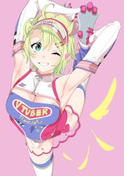 Rule 34 | 1girl, animal ears, armpits, arms up, blonde hair, breasts, bridal gauntlets, character request, cleavage, green eyes, henken, highres, hole in ears, leg lift, looking at viewer, medium breasts, one eye closed, original, racing suit, see-through, see-through skirt, skirt, smile, solo, thighhighs, virtual youtuber, zipper