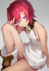 1girl ange_katrina ange_katrina_(1st_costume) bare_legs bare_shoulders blue_eyes boots collarbone dress grey_background hair_between_eyes hair_intakes hair_ornament hairclip highres looking_at_viewer nijisanji nilitsu red_hair short_hair sitting sleeveless sleeveless_dress solo virtual_youtuber