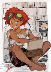 Rule 34 | 1girl, artist name, barefoot, bike shorts, blush stickers, box, butterfly sitting, cardboard box, character name, collarbone, commentary, computer, cowboy bebop, crop top, dark-skinned female, dark skin, edward wong hau pepelu tivrusky iv, feet together, goggles, goggles on head, grin, highres, hiranko, knees apart feet together, looking at viewer, monitor, on ground, orange eyes, red hair, shirt, short hair, shorts, signature, sitting, sketch, smile, smiley face, solo, tape, typing, white shirt