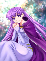 Rule 34 | 1girl, 74, absurdly long hair, belly chain, blue dress, cloak, dress, fire emblem, fire emblem: the binding blade, invisible chair, jewelry, light particles, long hair, nintendo, own hands together, purple eyes, purple hair, sitting, smile, solo, sophia (fire emblem), very long hair