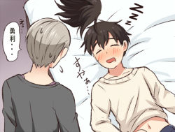 Rule 34 | 2boys, black hair, drooling, closed eyes, katsuki yuuri, lying, male focus, multiple boys, on back, open mouth, silver hair, sleeping, smile, translation request, twc (p-towaco), viktor nikiforov, wig, unworn wig, yuri!!! on ice, zzz