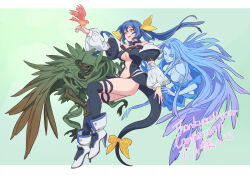 Rule 34 | 2girls, bare shoulders, bird, black panties, black sleeves, black thighhighs, blue hair, blue skin, boots, breasts, cloak, closed eyes, colored skin, commentary request, commission, detached sleeves, dizzy (guilty gear), english text, futa yuri ryona, green background, green cloak, guilty gear, guilty gear xx, high heel boots, high heels, long hair, long sleeves, mixed-language text, multiple girls, necro (guilty gear), panties, pointy ears, puffy detached sleeves, puffy sleeves, revealing clothes, ribbon, simple background, tail, tail ornament, tail ribbon, thighhighs, translation request, underboob, underwear, undine (guilty gear), white footwear, white sleeves