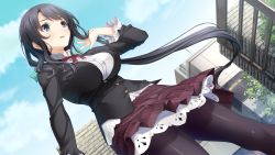 Rule 34 | 1girl, black eyes, black hair, blush, bow, bowtie, breasts, cloud, game cg, haru kiss, hyoudou amane, large breasts, legs, long hair, looking away, mikoto akemi, open mouth, pantyhose, ponytail, skirt, sky, solo, standing, thighs