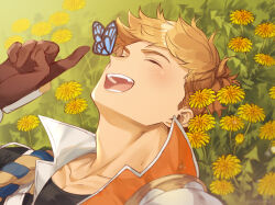 Rule 34 | 1boy, :d, black shirt, blonde hair, blue butterfly, blush, bug, butterfly, butterfly on nose, close-up, closed eyes, collarbone, flower, gloves, granblue fantasy, higashigunkan, insect, lying, male focus, marigold, on back, on ground, open mouth, pectorals, plant, popped collar, portrait, shirt, short hair, smile, solo, toned, toned male, vambraces, vane (granblue fantasy), yellow flower
