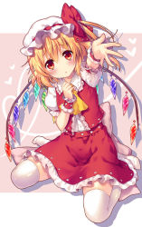 Rule 34 | 1girl, ascot, blonde hair, blush, bow, flandre scarlet, hat, hat bow, heart, mob cap, outstretched arm, outstretched hand, puffy short sleeves, puffy sleeves, red eyes, riichu, sash, shirt, short sleeves, side ponytail, sitting, skirt, skirt set, solo, thighhighs, touhou, vest, wariza, white thighhighs, wings, wrist cuffs, zettai ryouiki