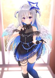 Rule 34 | 1girl, absurdres, amane kanata, amane kanata (work), asymmetrical legwear, bare shoulders, black dress, black gloves, black socks, blue hair, blue thighhighs, blurry, blurry background, blush, closed mouth, clothes lift, commentary request, depth of field, dress, dress lift, feathered wings, feet out of frame, frilled dress, frills, gloves, grey hair, grey shirt, hair between eyes, hair ornament, hairclip, hand up, highres, hololive, index finger raised, kneehighs, lifted by self, mismatched legwear, multicolored hair, off-shoulder dress, off shoulder, panties, partially fingerless gloves, pleated dress, purple eyes, shirt, side-tie panties, single kneehigh, single sock, single thighhigh, sleeveless, sleeveless shirt, smile, socks, solo, standing, standing on one leg, thighhighs, two-tone hair, two side up, underwear, virtual youtuber, white wings, wings, xue lu