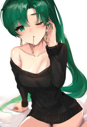 Rule 34 | 1girl, adjusting hair, alternate costume, arm support, bed sheet, black sweater, blush, breasts, cleavage, collarbone, dress, earrings, fire emblem, fire emblem: the blazing blade, food, green eyes, green hair, hand up, highres, jewelry, long hair, long sleeves, looking at viewer, lyn (fire emblem), medium breasts, mouth hold, nintendo, off-shoulder, off-shoulder sweater, off shoulder, one eye closed, ormille, pocky, ponytail, sitting, solo, sweater, sweater dress, translation request, very long hair, white background