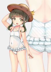 Rule 34 | 1girl, absurdres, adapted costume, ass, bob cut, braid, breasts, brown eyes, brown headwear, commentary request, covered navel, frilled one-piece swimsuit, frilled swimsuit, frills, green hair, hat, highres, kantai collection, multiple views, official alternate costume, one-piece swimsuit, short hair, sidelocks, small breasts, sun hat, swimsuit, takanami (kancolle), white one-piece swimsuit, yashin (yasinz), zoom layer