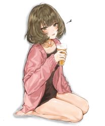 Rule 34 | 1girl, ahoge, alcohol, bare legs, barefoot, beer, blue eyes, blush, brown hair, camisole, cardigan, collarbone, cup, drinking glass, full body, green eyes, heterochromia, highres, holding, holding cup, holding drinking glass, idolmaster, idolmaster cinderella girls, looking at viewer, mole, mole under eye, open cardigan, open clothes, parted lips, seiza, sera nin, short hair, simple background, sitting, solo, takagaki kaede, white background