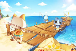 Rule 34 | 4others, bag, beach, blue sky, bucket, cat, character request, commentary request, day, felyne, fish, fishing, fishing rod, hat, highres, holding, holding bucket, holding fishing rod, horizon, monster hunter (series), multiple others, o o, ocean, pier, renta (deja-vu), rice hat, seashell, shell, sky, sun, waving
