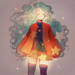 Rule 34 | 1girl, black sweater, black thighhighs, blue hair, closed eyes, commentary, english commentary, floral print, glowing, grey background, heart, heart print, hoshi-pan, jacket, light blush, long hair, long sleeves, loose hair strand, miniskirt, open clothes, open jacket, original, parted lips, pleated skirt, puffy long sleeves, puffy sleeves, red jacket, red skirt, skirt, solo, star (symbol), sweater, thighhighs, turtleneck, turtleneck sweater, wavy hair