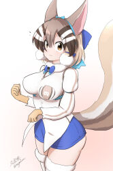 Rule 34 | 1girl, animal ears, breasts, brown eyes, brown hair, chipmunk ears, chipmunk girl, chipmunk tail, extra ears, gloves, kemono friends, kemono friends v project, kneehighs, large breasts, looking at viewer, microphone, ribbon, shirt, short hair, shorts, siberian chipmunk (kemono friends), simple background, socks, solo, tail, taurine 8000mg, vest, virtual youtuber