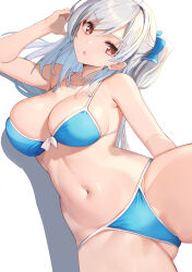 Rule 34 | 1girl, bare shoulders, bikini, blue bikini, blush, breasts, cameltoe, cleavage, front-tie bikini top, front-tie top, frown, gluteal fold, hair ribbon, highres, large breasts, long hair, looking at viewer, navel, open mouth, original, red eyes, ribbon, rikudou inuhiko, swimsuit, white hair