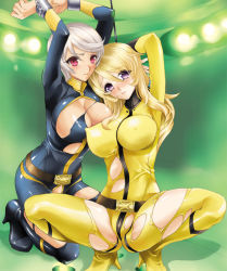 Rule 34 | 10s, 2girls, arms behind head, arms up, belt, blonde hair, blush, bodysuit, breasts, chain, cleavage, covered erect nipples, cuffs, grey hair, hasei agana, huge breasts, kneeling, long hair, looking at viewer, mori yuki, multiple girls, purple eyes, red eyes, shackles, shiny clothes, short hair, skin tight, spread legs, squatting, torn clothes, uchuu senkan yamato, uchuu senkan yamato 2199, uniform, yamamoto akira