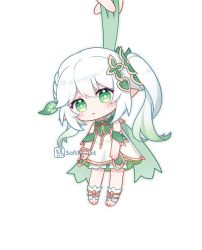 Rule 34 | 1girl, 1other, absurdres, artist name, bracelet, chibi, commentary request, detached sleeves, dress, full body, genshin impact, gradient hair, green eyes, hair between eyes, hair ornament, hanging, highres, holding, jewelry, long hair, looking at viewer, multicolored hair, nahida (genshin impact), out of frame, pointy ears, short sleeves, side ponytail, sidelocks, simple background, softrabbit, stirrup legwear, symbol-shaped pupils, toeless legwear, toes, watermark, white background, white dress, white hair