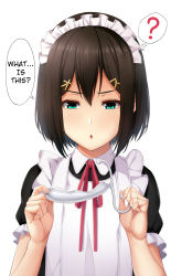 Rule 34 | 1boy, :o, ?, aneros, apron, blush, brown hair, crossdressing, fingernails, frilled sleeves, frills, green eyes, hair ornament, hairclip, hard-translated, highres, holding, looking down, maid, male focus, multicolored hair, neck ribbon, open mouth, original, red ribbon, ribbon, sex toy, short hair, short sleeves, speech bubble, streaked hair, sweatdrop, takoneru, third-party edit, thought bubble, translated, trap, upper body, v-shaped eyebrows, white apron