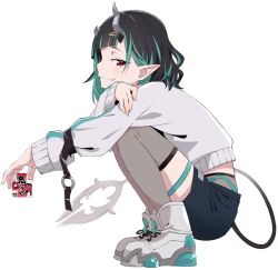 Rule 34 | 1girl, akitetsu, black hair, black shorts, blue hair, blush, closed mouth, demon girl, demon horns, demon tail, drinking straw, fang, full body, grey footwear, grey sweater, grey thighhighs, hair ornament, hairclip, horns, juice box, long sleeves, looking at viewer, looking to the side, medium hair, nanashi inc., official alternate costume, pointy ears, red eyes, shishio chris, shishio chris (2nd costume), shoes, shorts, simple background, smile, sneakers, solo, squatting, sugar lyric, sweater, tail, thighhighs, transparent background, virtual youtuber