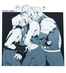 Rule 34 | 3boys, aged down, arm behind back, armor, bite mark, biting, blood, blue theme, blush, boy sandwich, clenched teeth, closed eyes, clothes lift, cloud strife, coat, commentary request, ear blush, earrings, english text, final fantasy, final fantasy vii, final fantasy vii ever crisis, fingerless gloves, gloves, heart, high collar, holding another&#039;s wrist, jewelry, leg between thighs, licking, licking another&#039;s neck, long hair, male focus, midriff, monochrome, multiple boys, navel, neck biting, omegaverse, open fly, pants, pauldrons, restrained, sandwiched, sephiroth, short hair, shoulder armor, sleeveless, spiked hair, spoken heart, spot color, stud earrings, takaraxiao, teeth, time paradox, upper body, yaoi