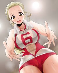 Rule 34 | 10s, 1girl, bare arms, bare shoulders, blonde hair, breasts, brown eyes, clothes writing, collarbone, commentary request, dutch angle, girls und panzer, gym uniform, hair slicked back, hairband, large breasts, long hair, mattari yufi, open mouth, outstretched arms, sasaki akebi, see-through, shirt, shorts, sleeveless, sleeveless shirt, smile, solo, sweat, thighs, towel, towel around neck, very long hair