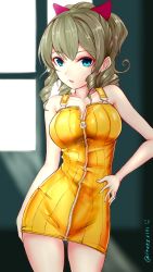 Rule 34 | 1girl, absurdres, bad id, bad twitter id, blue eyes, blush, bow, breasts, brown hair, cleavage, collarbone, cosplay, dress, drill hair, final fantasy, final fantasy viii, franz (217franz), hair bow, hand on own hip, hatakaze (kancolle), highres, indoors, kantai collection, large breasts, open mouth, ponytail, ribbed dress, selphie tilmitt, selphie tilmitt (cosplay), solo, sunlight, twitter username, window, yellow dress, zipper