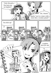 Rule 34 | 10s, 2girls, akigumo (kancolle), basketball hoop, bow, clenched hands, color guide, comic, doodle, english text, closed eyes, frown, greyscale, grin, hair bow, hair tie, high ponytail, highres, jersey, kantai collection, magatama, monochrome, multiple girls, notebook, open mouth, pleated skirt, pointing, ryuujou (kancolle), sixten, skirt, smile, suspenders, twintails, visor cap