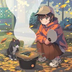 Rule 34 | 1girl, :q, animal, autumn, baseball cap, bf. (sogogiching), brown hair, brown skirt, bush, cat, cooking, crossed arms, fence, fish, food, from side, gloves, green eyes, grill, grilling, hand fan, hat, holding, holding fan, hood, hood down, hoodie, leaf, long skirt, long sleeves, looking down, orange hoodie, original, outdoors, paper fan, shichirin, shoes, short hair, skirt, smile, smoke, sneakers, squatting, tareme, tongue, tongue out, tree, uchiwa, white footwear, wind