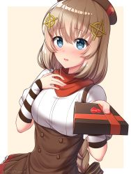 Rule 34 | 1girl, blonde hair, blue eyes, blush, breasts, fnc (girls&#039; frontline), gift, girls&#039; frontline, highres, holding, holding gift, large breasts, lips, looking at viewer, medium hair, parted lips, rynzfrancis, solo, upper body