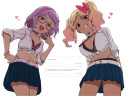 Rule 34 | 2girls, amesuku gyaru, belt, blonde hair, bow, bra, breasts, character request, choker, cleavage, copyright request, from below, glasses, google translate, grin, hair bow, hairband, heart, highres, kogal, large breasts, light blush, looking at viewer, multiple girls, navel, necktie, open mouth, osame, purple eyes, purple hair, red-framed eyewear, red eyes, school uniform, shirt, simple background, skirt, small breasts, smile, tan, teeth, tied shirt, translation request, twintails, underwear, upper teeth only, v, white background, wristband