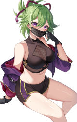 Rule 34 | 1girl, bare shoulders, black mask, breasts, cleavage, crop top, cropped jacket, fishnet top, fishnets, genshin impact, gloves, green hair, hair ornament, harimoji, highres, jacket, kuki shinobu, looking at viewer, mask, mask pull, medium breasts, midriff, mouth mask, navel, off shoulder, partially fingerless gloves, pulling own clothes, purple eyes, purple jacket, rope, shimenawa, shirt, short ponytail, short shorts, shorts, simple background, sitting, sleeveless, sleeveless shirt, solo, stomach, thighs, white background